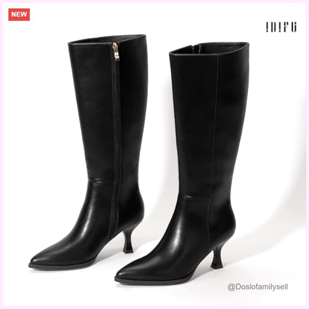 Knee High Boots Pointed Toe Low Kitten Heel Side Zipper Dressy Fall Fashion - Picture 5 of 7